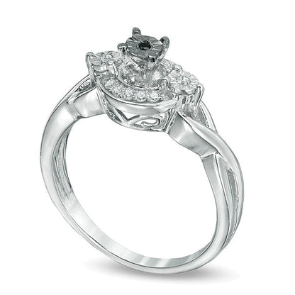 0.1 CT. Gesamtgewicht behandelter schwarzer und weißer Diamant Dreistein Freundschaftsring mit Flechtdesign in 10K Weißgold