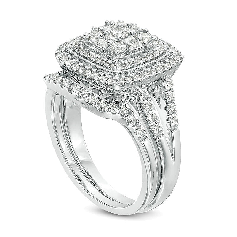 1.0 ct. Gesamtgewicht Multi-Diamant Braut-Set mit doppeltem Kissenschliff-Rahmen in 10K Weißgold