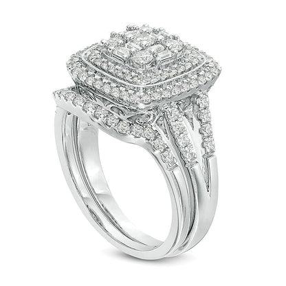 1.0 ct. Gesamtgewicht Multi-Diamant Braut-Set mit doppeltem Kissenschliff-Rahmen in 10K Weißgold
