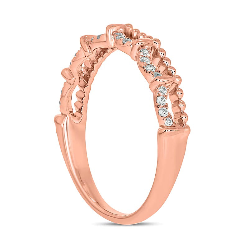0.1 ct. Gesamtgewicht Diamant-Ring mit perlenbesetzter Kante und drapiertem Design zum Stapeln in 10K Roségold