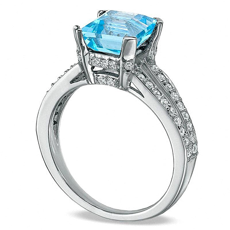 Fashion-Ring mit blauem Topas im Princess-Schliff und Diamanten 0,25 ct. Gesamtgewicht in 10K Weißgold