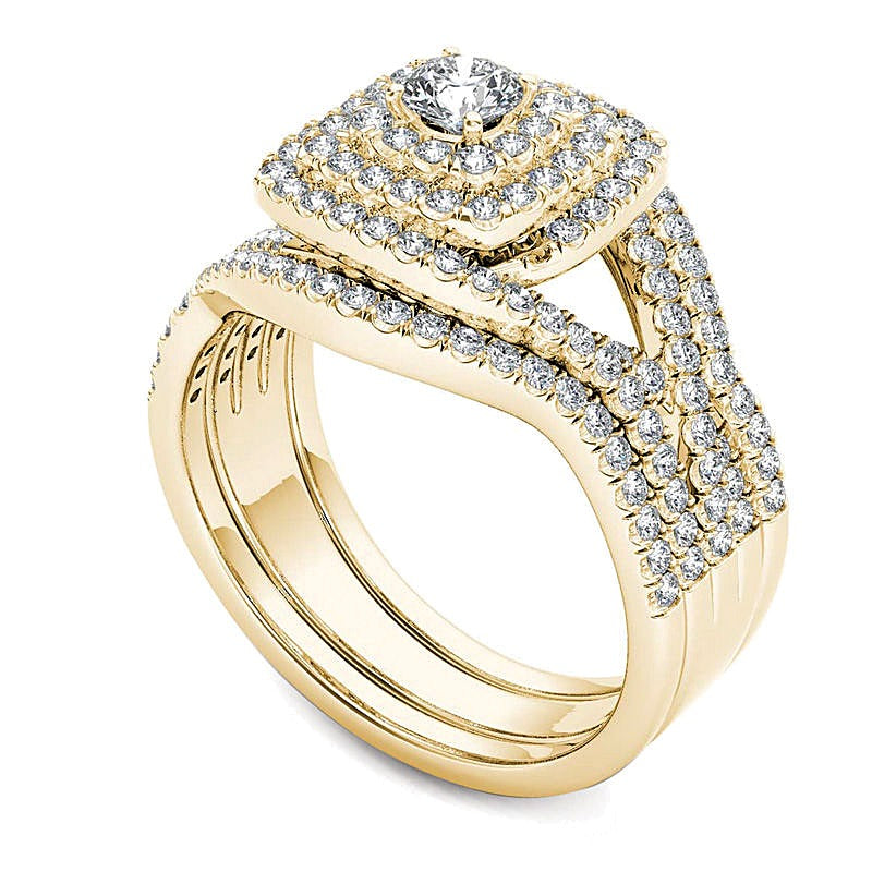 Diamant-Brautset mit Kissenschliff-Halo und Split-Shank, dreiteilig, 1.0 ct. Gesamtgewicht, in 14K Gelbgold