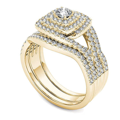 Diamant-Brautset mit Kissenschliff-Halo und Split-Shank, dreiteilig, 1.0 ct. Gesamtgewicht, in 14K Gelbgold