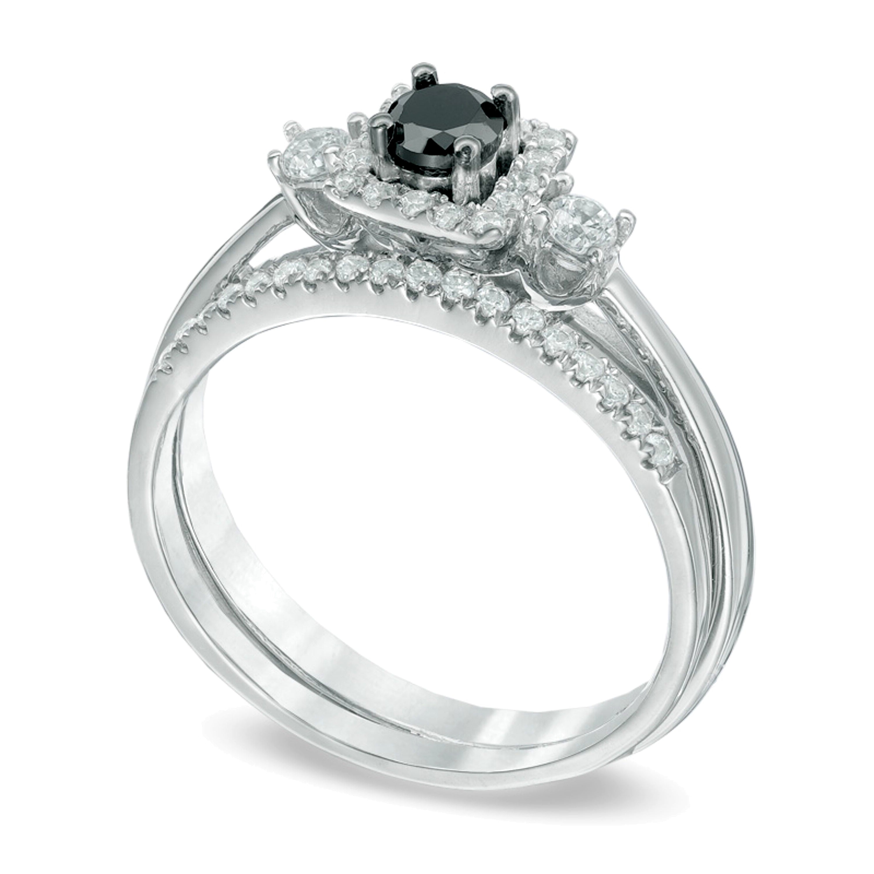 0.5 ct. Gesamtgewicht Braut-Set mit behandelten schwarzen und weißen Diamanten im Dreistein-Design in 10K Weißgold
