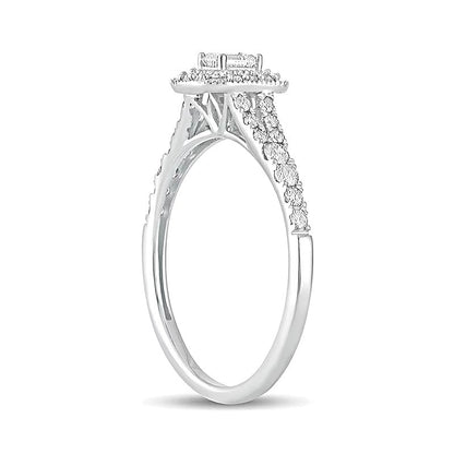 Halo-Verlobungsring mit Diamanten im Smaragdschliff 0.5 ct. Gesamtgewicht in 10K Weißgold