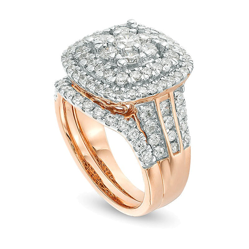 Braut-Set mit Diamanten 2.0 ct. Gesamtgewicht, rund & Kissenschliff, dreifacher Kissenschliff-Rahmen, in 10K Roségold
