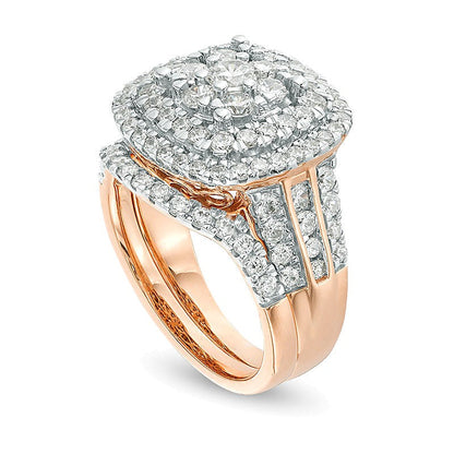 Braut-Set mit Diamanten 2.0 ct. Gesamtgewicht, rund & Kissenschliff, dreifacher Kissenschliff-Rahmen, in 10K Roségold