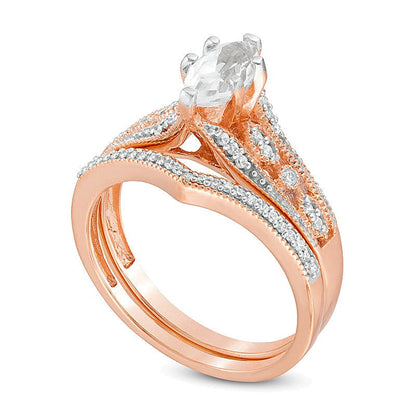 Braut-Set mit weißem Saphir im Marquise-Schliff (Labor) und 0,2 ct. Gesamtgewicht Diamant in 10K Roségold