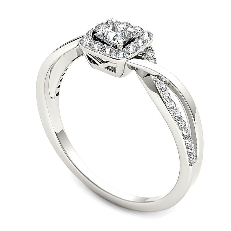 0,5 ct. Gesamtgewicht Verlobungsring mit Diamanten im Princess-Schliff und quadratischem Halo in 14K Weißgold