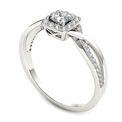 0,5 ct. Gesamtgewicht Verlobungsring mit Diamanten im Princess-Schliff und quadratischem Halo in 14K Weißgold