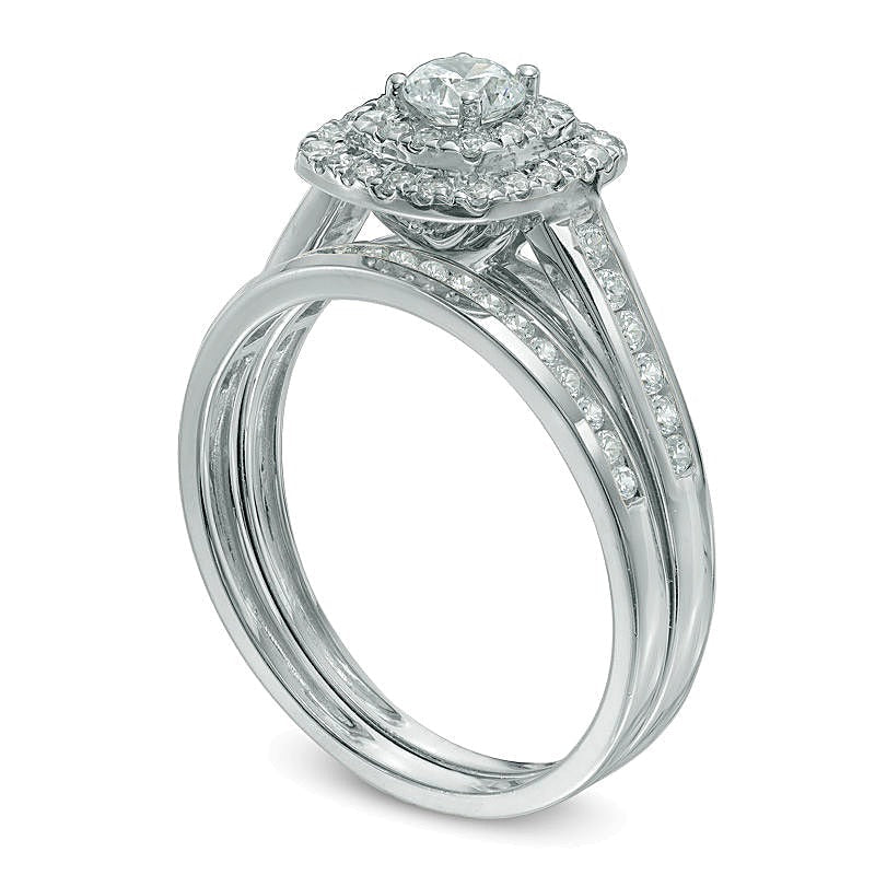 0.75 ct. Gesamtgewicht Diamant-Brautset im Kissenschliff mit doppeltem Halo in 10K Weißgold
