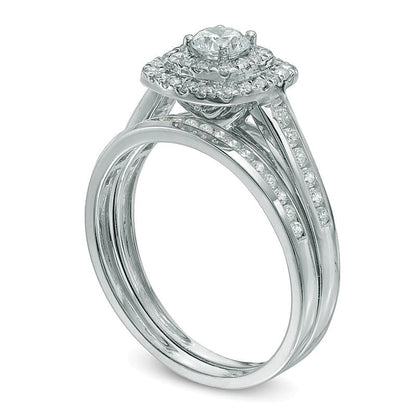 0.75 ct. Gesamtgewicht Diamant-Brautset im Kissenschliff mit doppeltem Halo in 10K Weißgold
