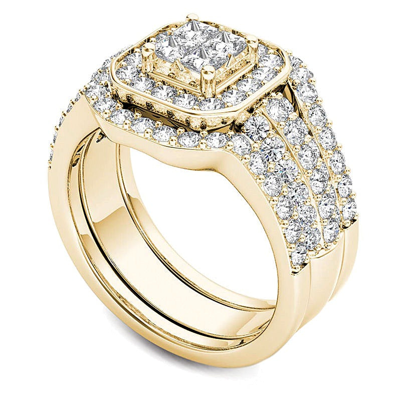 1.75 CT. Gesamtgewicht Princess-Diamant Brautset dreiteilig mit Rahmen aus 14K Gelbgold