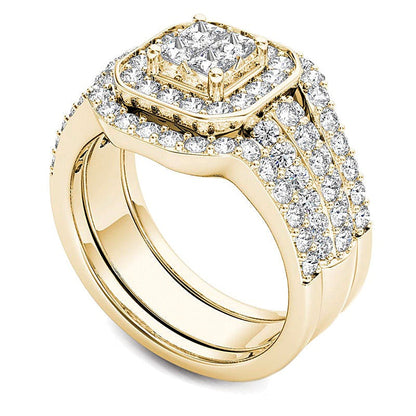 1.75 CT. Gesamtgewicht Princess-Diamant Brautset dreiteilig mit Rahmen aus 14K Gelbgold