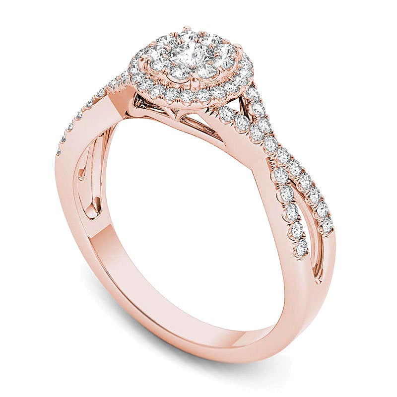 0.5 ct. Gesamtgewicht Diamant-Verlobungsring Halo mit gedrehter Ringschiene in 14K Roségold