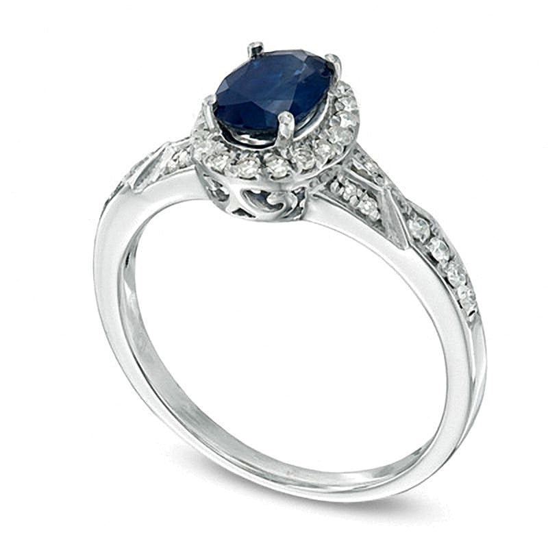 Ring mit ovalem blauem Saphir und Diamanten 0,2 ct. Gesamtgewicht in rhodiniertem Sterlingsilber