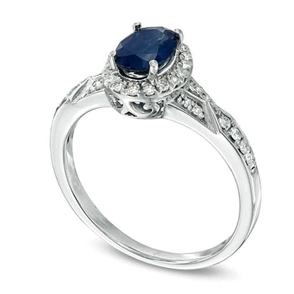 Ring mit ovalem blauem Saphir und Diamanten 0,2 ct. Gesamtgewicht in rhodiniertem Sterlingsilber