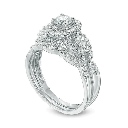 1.17 ct. Gesamtgewicht Diamant Dreistein Braut-Set mit ovalem Halo und gedrehter Schiene in 14K Weißgold