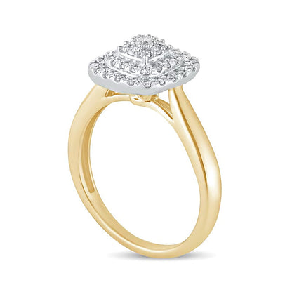 0,33 ct. Gesamtgewicht Komposit-Verlobungsring mit weißen Diamanten im Kissenschliff und runden Diamanten in doppeltem Rahmen aus 10K Gelbgold