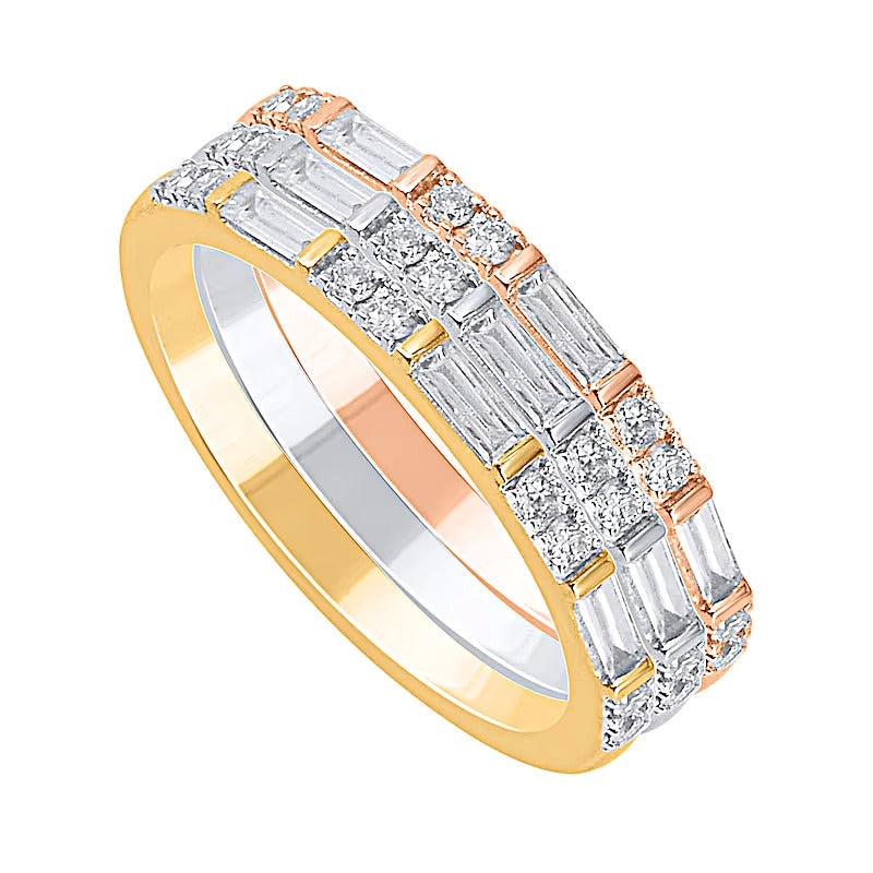0,38 ct. Gesamtgewicht Baguette- und runde Diamanten Duo Ring-Set dreiteilig stapelbar aus Sterlingsilber in Two-Tone rhodiniert