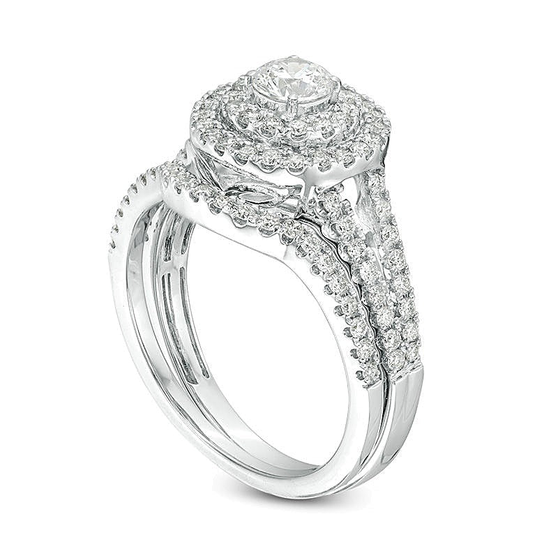1.0 CT. TW Diamant Brautset mit doppeltem Rahmen und geteilter Schiene in 14K Weißgold (I/I1)