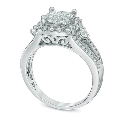 Verlobungsring mit 1.25 ct. Gesamtgewicht Diamanten im Princess- und Rundschliff in 14K Weißgold