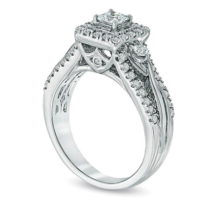 Halo Verlobungsring mit Diamanten im Princess- und Rundschliff 1.0 ct. Gesamtgewicht in 14K Weißgold (H-I/I1)