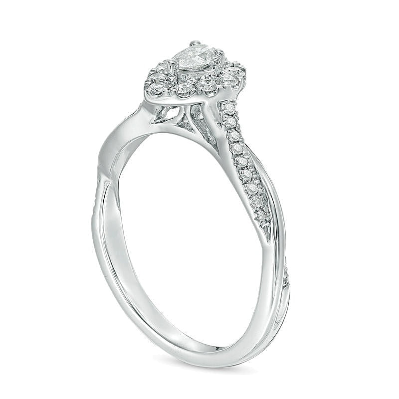 0.38 ct. Gesamtgewicht Verlobungsring mit Diamanten im Tropfen- und Rundschliff, Halo, in 10K Weißgold