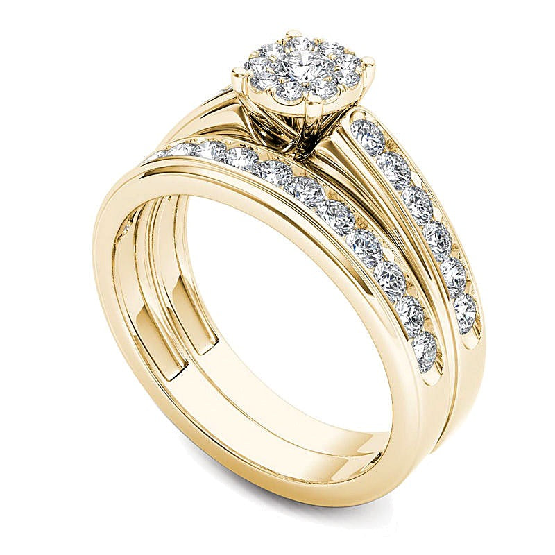 Diamant-Brautset 1.5 ct. Gesamtgewicht mit Halo in 14K Gelbgold