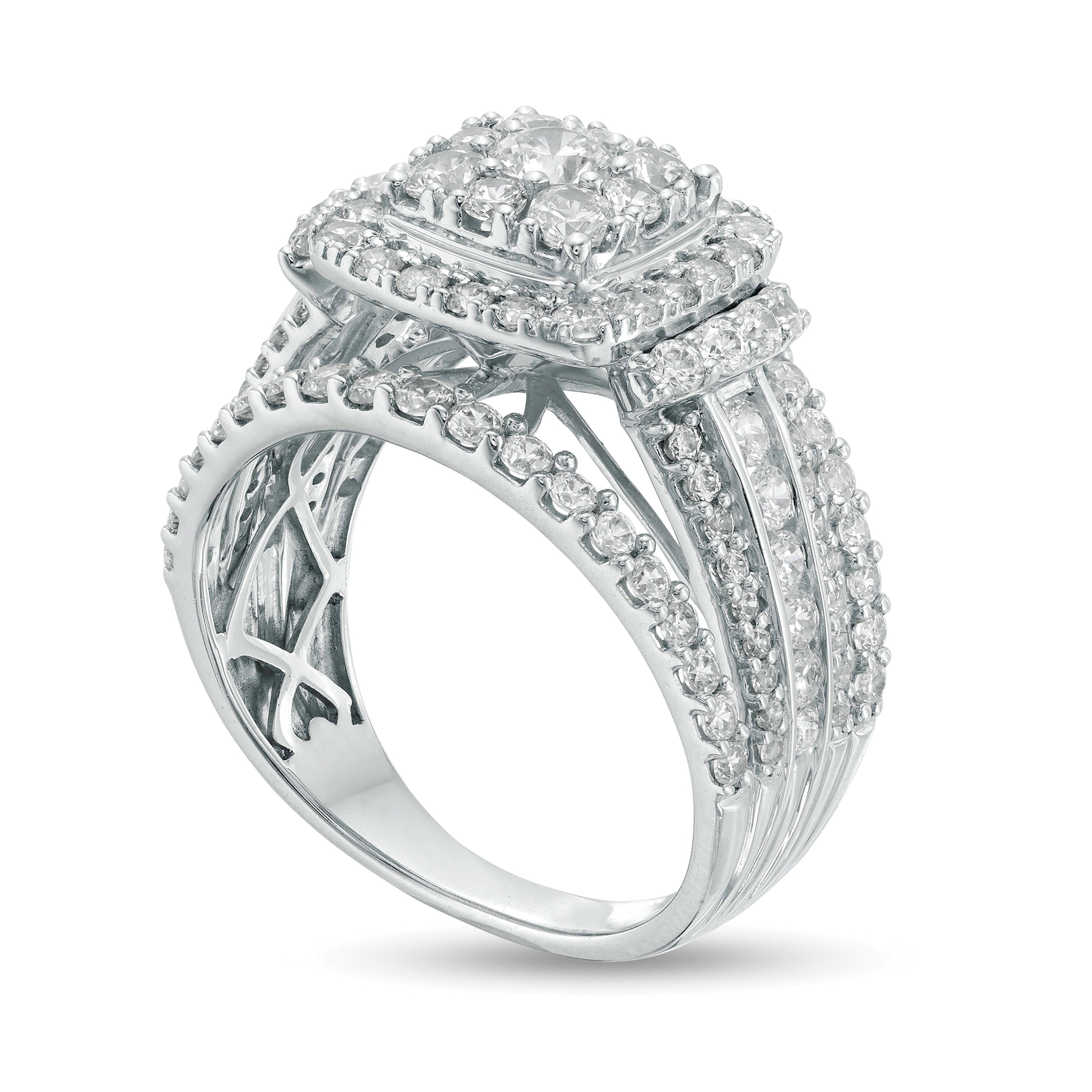 2.0 ct. Gesamtgewicht Komposit-Diamant Verlobungsring mit Kissenschliff-Halo, mehrreihig, in 10K Weißgold