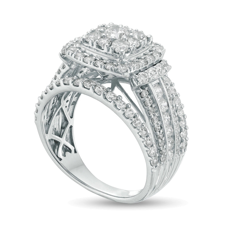 2.0 ct. Gesamtgewicht Komposit-Diamant Verlobungsring mit Kissenschliff-Halo, mehrreihig, in 10K Weißgold