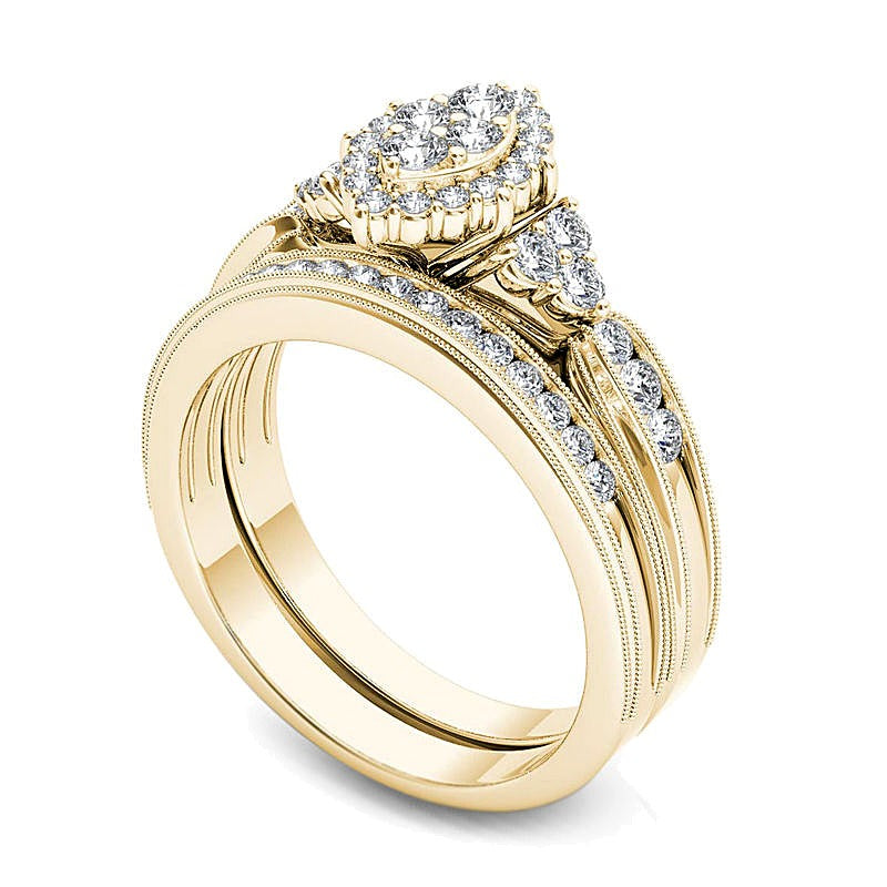 0,5 ct. Gesamtgewicht Komposit-Diamant-Brautset mit Marquise- und Rundschliff in 14K Gelbgold für Damen