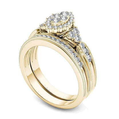 0,5 ct. Gesamtgewicht Komposit-Diamant-Brautset mit Marquise- und Rundschliff in 14K Gelbgold für Damen