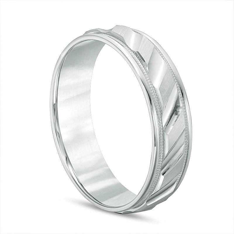 6.0mm Ehering mit gebürstetem Milgrain-Finish und Komfortschliff in 14K Weißgold