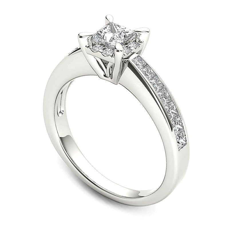 Verlobungsring mit Diamanten im Princess-Schliff 1.0 ct. Gesamtgewicht, Halo, in 14K Weißgold