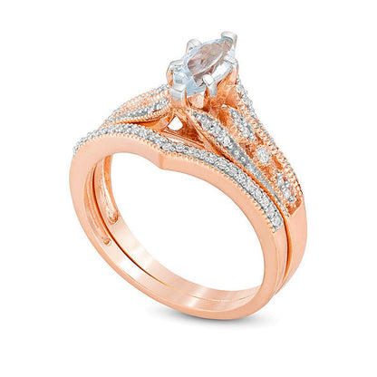 Braut-Set mit Aquamarin im Marquise-Schliff und Diamanten 0,2 ct. Gesamtgewicht in 10K Roségold
