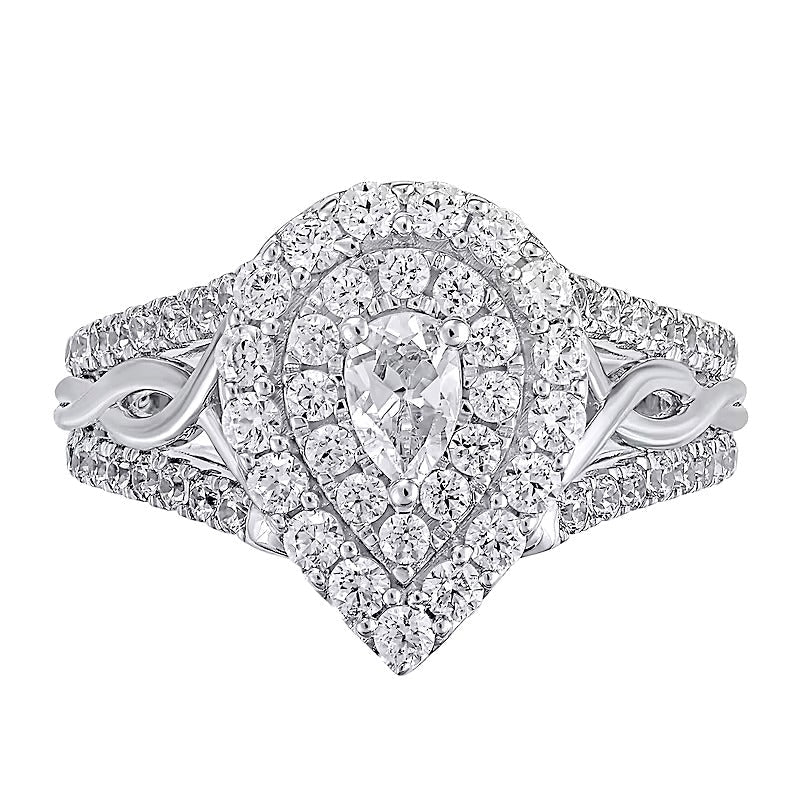 1.17 ct. Gesamtgewicht Halo-Ring mit tropfenförmigem Diamant und gedrehter Ringschiene in 14K Weißgold