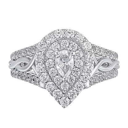 1.17 ct. Gesamtgewicht Halo-Ring mit tropfenförmigem Diamant und gedrehter Ringschiene in 14K Weißgold