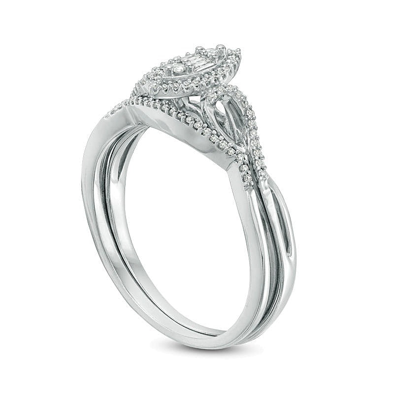 0,13 ct. Gesamtgewicht Komposit-Diamant-Braut-Set mit Marquise-Rahmen und Twist-Design aus rhodiniertem Sterlingsilber