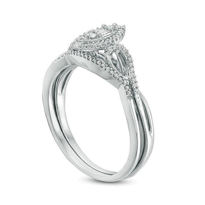 0,13 ct. Gesamtgewicht Komposit-Diamant-Braut-Set mit Marquise-Rahmen und Twist-Design aus rhodiniertem Sterlingsilber