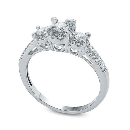 0.25 ct. Gesamtgewicht Dreistein-Freundschaftsring mit Diamant-Rahmen und geteiltem Ringschienen-Design in 10K Weißgold