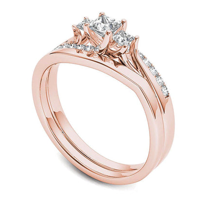0.5 ct. Gesamtgewicht Brautset Dreistein Bypass mit Diamanten im Princess-Schliff in 14K Roségold