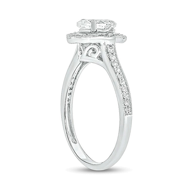 0.75 ct. Gesamtgewicht Verlobungsring mit ovalem Diamant und Halo im Vintage-Stil in 14K Weißgold (I/I2)