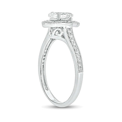 0.75 ct. Gesamtgewicht Verlobungsring mit ovalem Diamant und Halo im Vintage-Stil in 14K Weißgold (I/I2)
