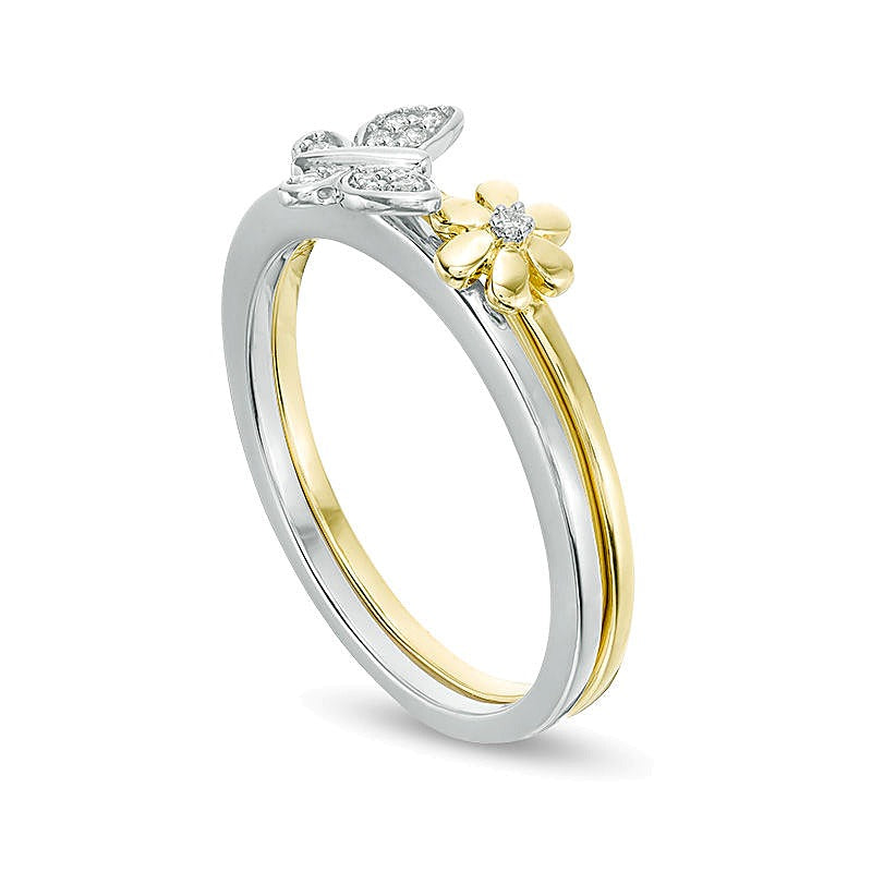 0,05 ct. Gesamtgewicht Diamant Blume und Schmetterling zweiteiliges stapelbares Ring-Set in 10K Gold zweifarbig