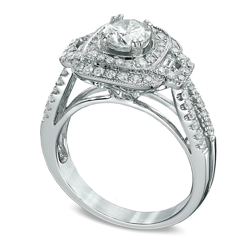 Halo Verlobungsring mit Diamanten in rund und Baguette 1,25 ct. Gesamtgewicht in 14K Weißgold (H-I/I1)