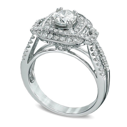 Halo Verlobungsring mit Diamanten in rund und Baguette 1,25 ct. Gesamtgewicht in 14K Weißgold (H-I/I1)