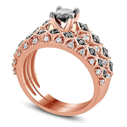 1.0 CT. Gesamtgewicht behandelter schwarzer und weißer Diamant Braut-Set mit geneigter quadratischer Ringschiene in 10K Roségold