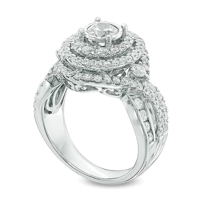 Verlobungsring mit Halo 2.0 ct. Gesamtgewicht Diamanten rund und oval in 14K Weißgold