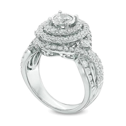 Verlobungsring mit Halo 2.0 ct. Gesamtgewicht Diamanten rund und oval in 14K Weißgold